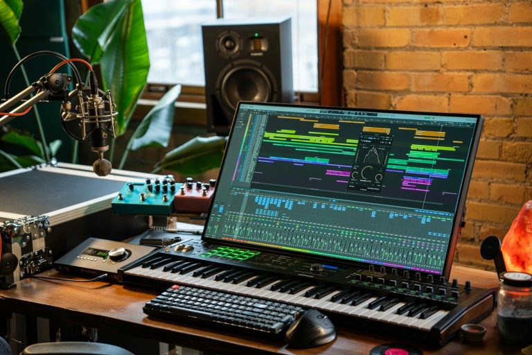 Moderne Musikproduktionsumgebung mit Bildschirm, Tastatur und Audioequipment.