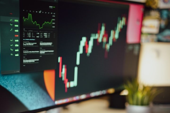 Balkendiagramm mit steigenden Kursen auf einem Monitor, Nebeninfos und einer Pflanze.